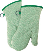 1 Pair Yarn Dyed Oven Mitts 100% Cotton Heat Resistant 470 Degree Gloves Men Women Cooking Baking Barbecue BBQ Microwave Crafting Machine Washable Pot Holders Mittens (Green)