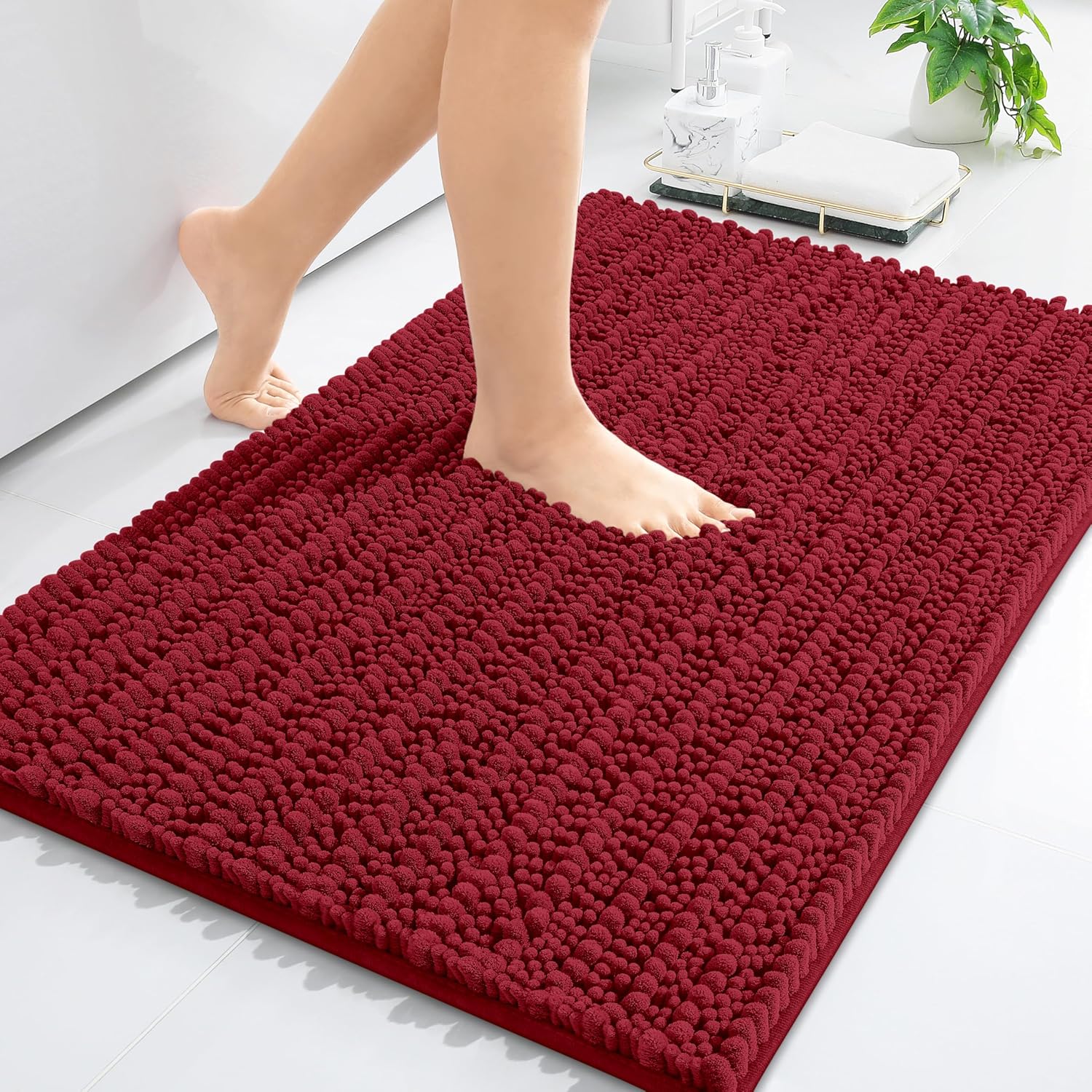 Arotive Luxury Chenille Bathroom Rug Mat, Extra Soft Thick Absorbent Shaggy Bath Rugs, Non-Slip Machine Wash Dry, Plush Bath Mats for Bathroom, Shower and Tub, 36x24, Red