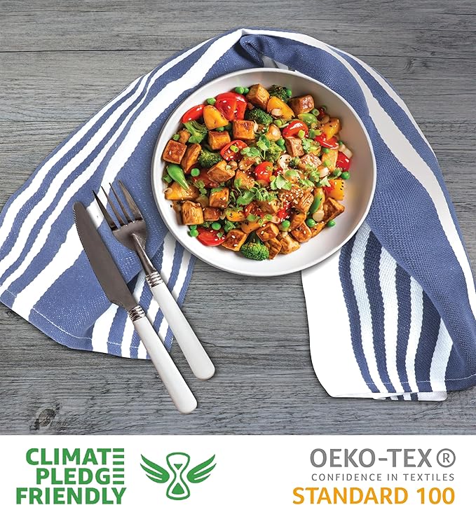 Urban Villa Kitchen Towels 100% Cotton Dish Towels for Kitchen (Set of 3) 20”x30” Dish Cloths Highly Absorbent Kitchen Linen Set with Hanging Loop Perfect for Drying Dishes Cleaning Towels-Blue White