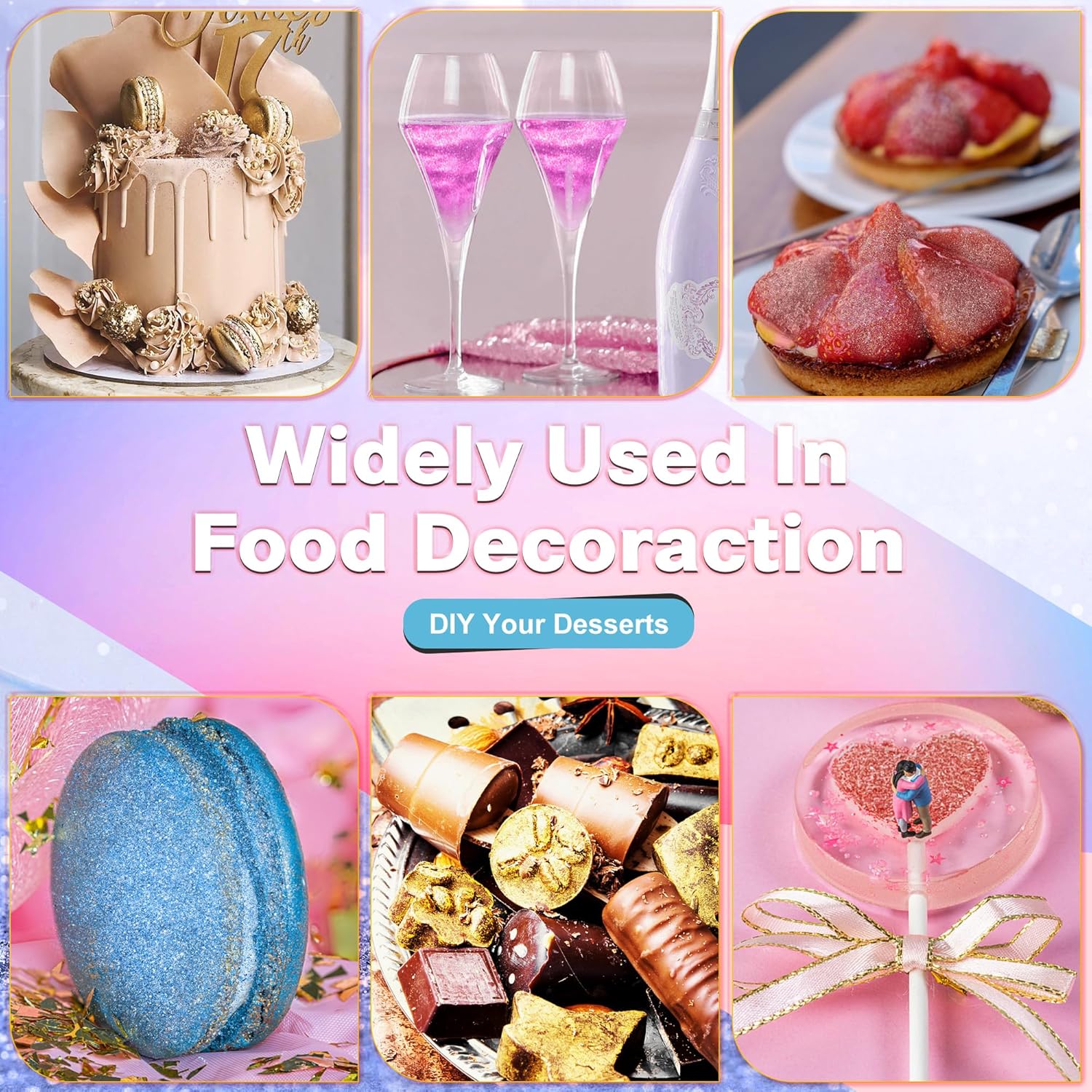 Edible Glitter for Cocktails Cakes Drinks, Rose Gold Edible Glitter, Gold Edible Glitter, Blue Edible Glitter, Purple Edible Glitter, Luster Dust Edible Drink Glitter Spray 4 Colors