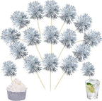 Ephlyn 30Pcs Foil Firework Cupcake Toppers Sparkle Tinsel Cupcake Picks Happy Birthday Cake Toppers Drink Stirrers Cocktail Food Fruit Toothpicks for Baby Shower Birthday Party Supplies Silver