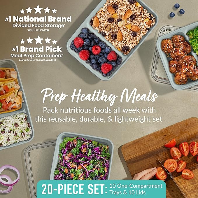 Bentgo Prep - 20-Piece 2-Compartment Reusable Meal Prep Containers with Lids, PFAS & BPA Free Materials, Durable, Microwave, Freezer, & Dishwasher Safe To Go Food Storage (Mint)