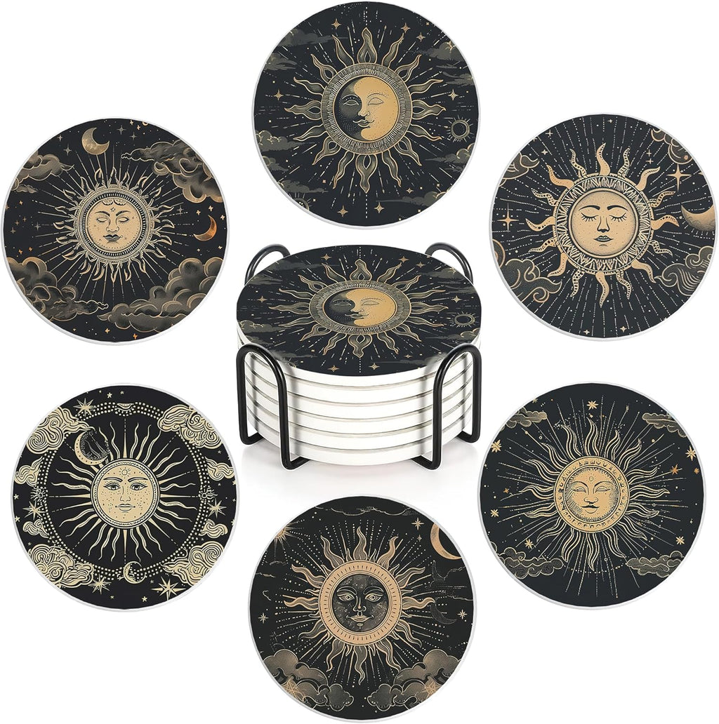 Drink Coasters Set of 6 with Holder, Gold Sun Moon Clouds Stars Absorbent Ceramic Coasters with Cork Base,Fit All Cups,Great Gift for Housewarming,Room Decor,Bar,Holiday Party