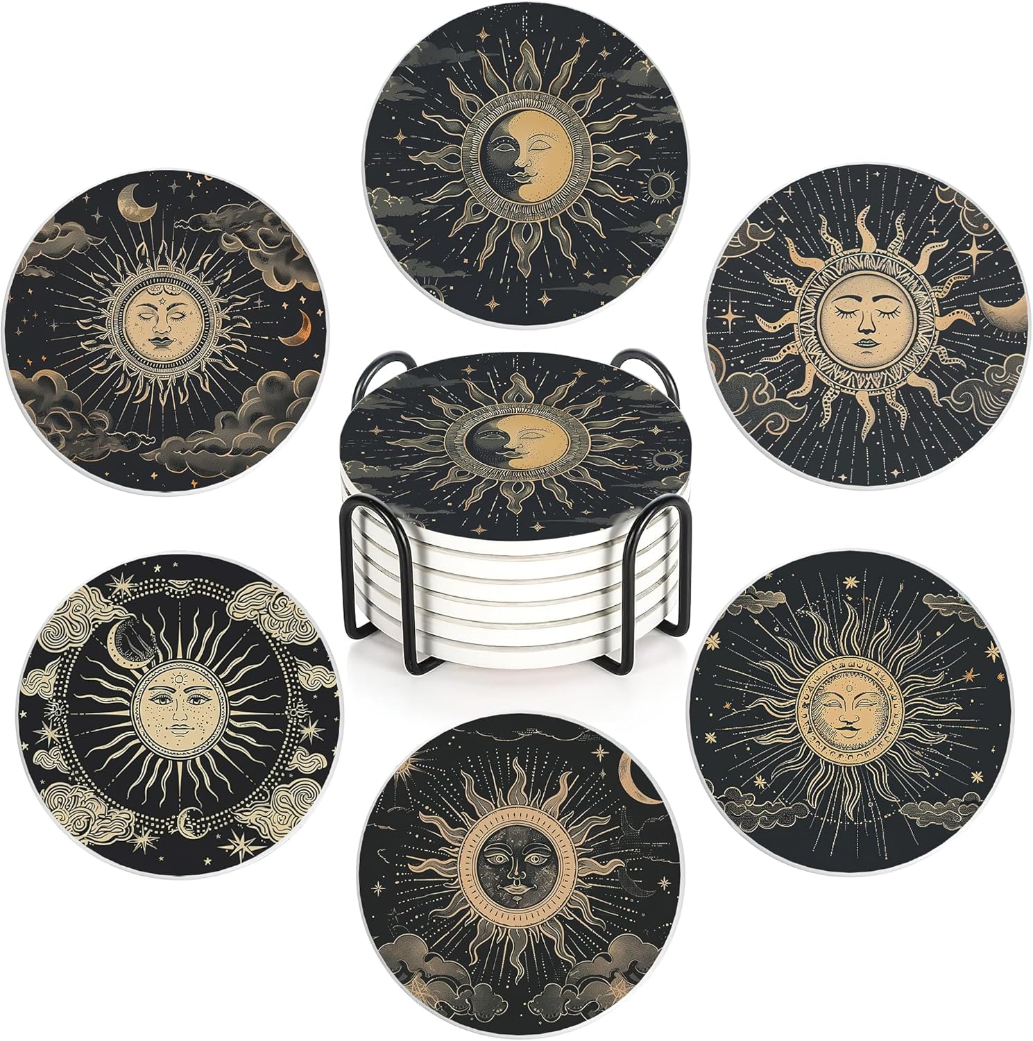 Drink Coasters Set of 6 with Holder, Gold Sun Moon Clouds Stars Absorbent Ceramic Coasters with Cork Base,Fit All Cups,Great Gift for Housewarming,Room Decor,Bar,Holiday Party