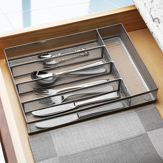 JANE EYRE Drawer Organizer, Cutlery Tray Silverware Flatware Storage Divider for Kitchen, Mesh Wire with Non-slip Foam Feet, 5 Component, Silver