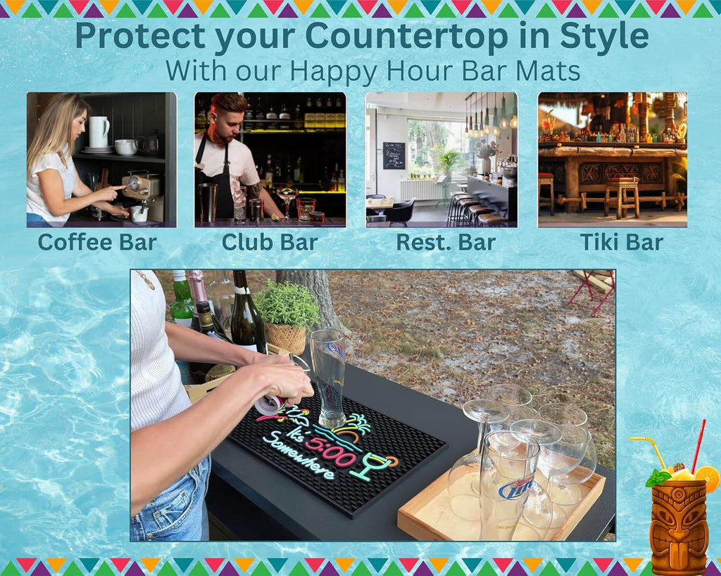 It's 5:00 Somewhere Tiki Bar Mat 18x12 in, Bar Mats for Bartending for Hawaiian Decorations, Luau Party Decorations & Hawaiian Party Decorations, Bar Mats for Countertop, Tiki Bar Essentials
