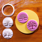 BAKERLOGY New Beginnings - Mini 2" Cookie Cutter & Stamp Set - Rainbow & Lush Tree Design for Easter & Spring Cookies, Cupcakes & Fondant Decorations