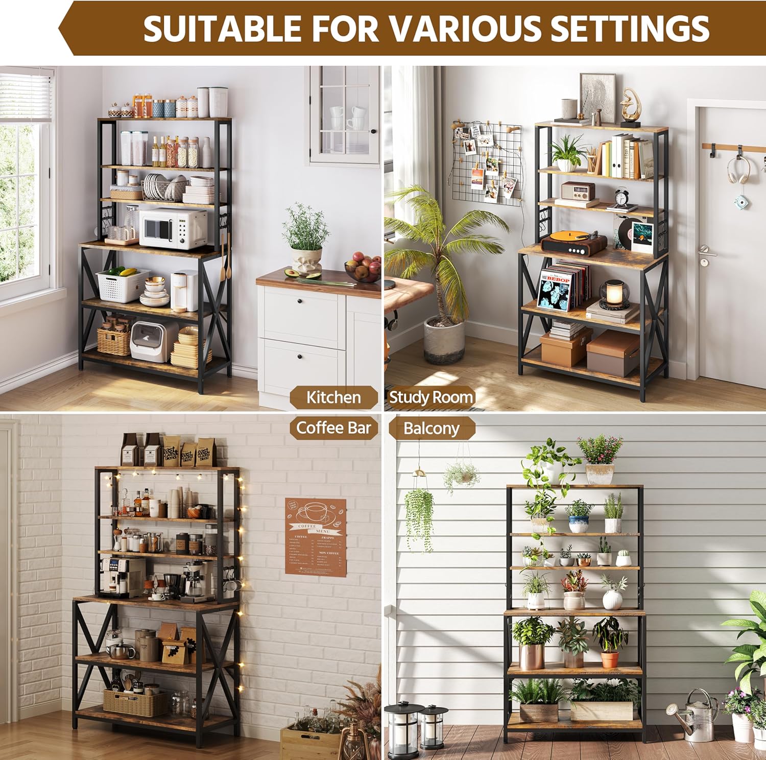 Yaheetech 6-Tier Kitchen Bakers Rack, 31.5 Inch Coffee Bar Table, Farmhouse Microwave Oven Stand Cabinet for Small Spaces, Corner Organizer Storage Shelf for Spices and Pots Rustic Brown