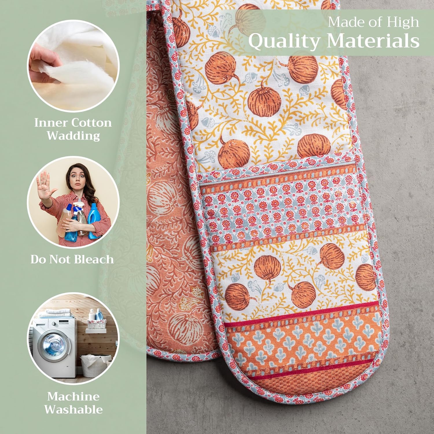 Maison d' Hermine Double Oven Mitts 100% Cotton 7"x35" Double Oven Mitt Heat Resistant BBQ Cooking Gloves with Loop, Baking, Grilling, Home, Kitchen, Handling Hot Pans (Harvest Festival)