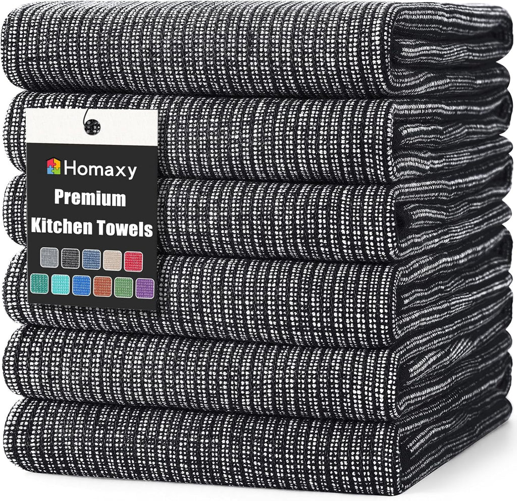 Homaxy Premium Kitchen Towels(18”x 28”, 6 Pack), Large Cotton Kitchen Hand Towels, Flat and Terry Dish Towels, 380 GSM Highly Absorbent Tea Towel Set with Hanging Loop, Black