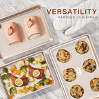 HONGBAKE 3 Pack Gold Nonstick Baking Sheet Pan Set with Oven Mitts Heat Resistant, Non-Toxic Half/Quarter/Jelly Roll Pans with Diamond Texture Pattern, Heavy Duty 0.8mm Thick Cookie Trays for Cooking