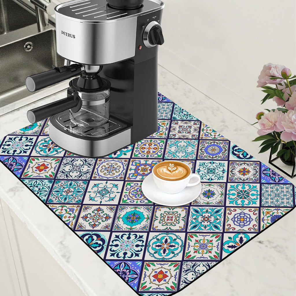 Colorful Tiles Dish Drying Mat for Kitchen Counter Hide Stain Absorbent Coffee Bar Mat Non-Slip Rubber Backed Drying Rack Pad Coffee Pot Espresso Machine Table Accessories 15.7 x 23.6 Inch