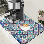 Colorful Tiles Dish Drying Mat for Kitchen Counter Hide Stain Absorbent Coffee Bar Mat Non-Slip Rubber Backed Drying Rack Pad Coffee Pot Espresso Machine Table Accessories 15.7 x 23.6 Inch