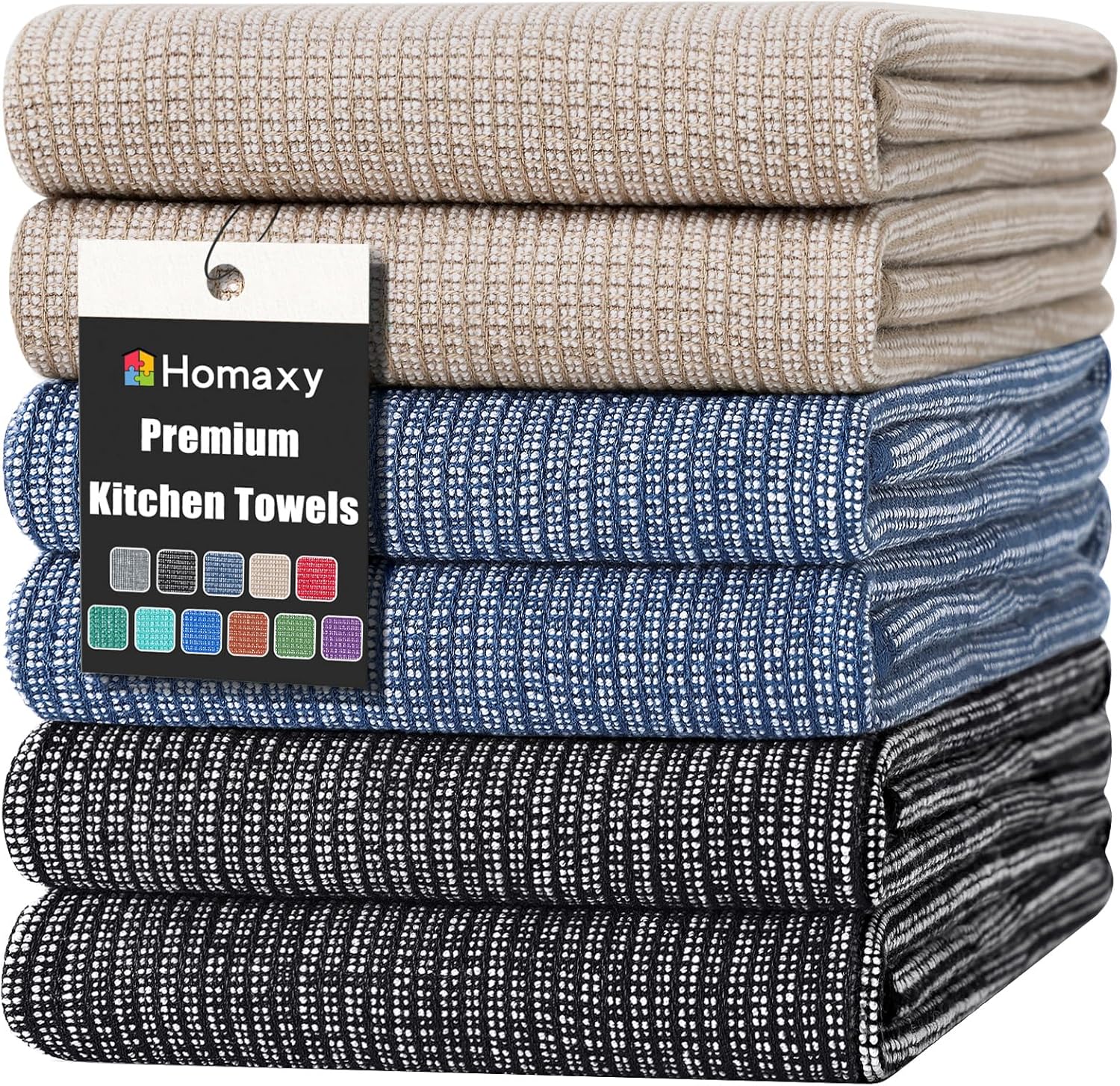 Homaxy Premium Kitchen Towels(18”x 28”, 6 Pack), Large Cotton Kitchen Hand Towels, Flat and Terry Dish Towels, 380 GSM Highly Absorbent Tea Towel Set with Hanging Loop, Navy Blue/Khaki/Black