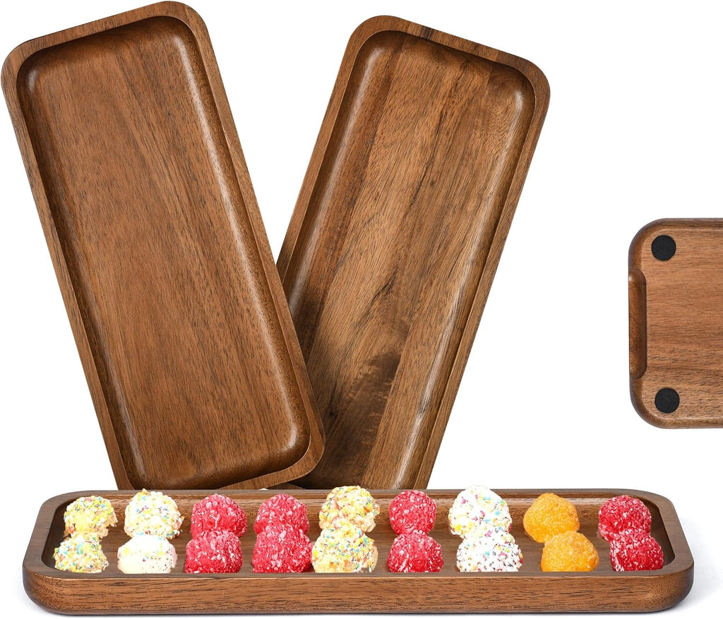 Acacia Wooden Tray Pack of 3 - Wood Serving Tray, Rectangle Cheese Plates - Charcuterie Boards, Wooden Trays for Decor, Vegetables, Fruit, Appetizer Trays (11.8 x 5.11 inches)