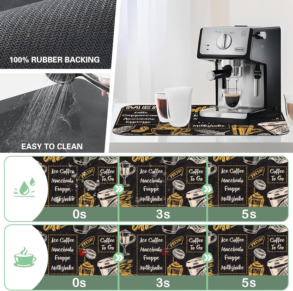 Vintage Coffee Poster Dish Drying Mat,,12"X19" Absorbent Fast Dish Drying Mat for Kitchen Counter Pot and Pan, Kitchen Accessories