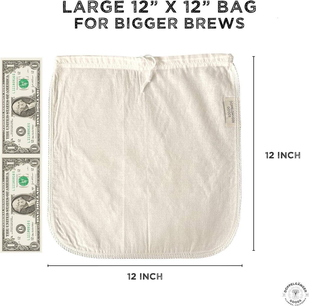 (2-Pack, Large 12in x 12in) Organic Cotton Cold Brew Coffee Bag - Designed in California - Reusable Coffee Filter with EasyOpen Drawstring Cold Brew Maker for Pitchers, Mason Jars, & Toddy Systems