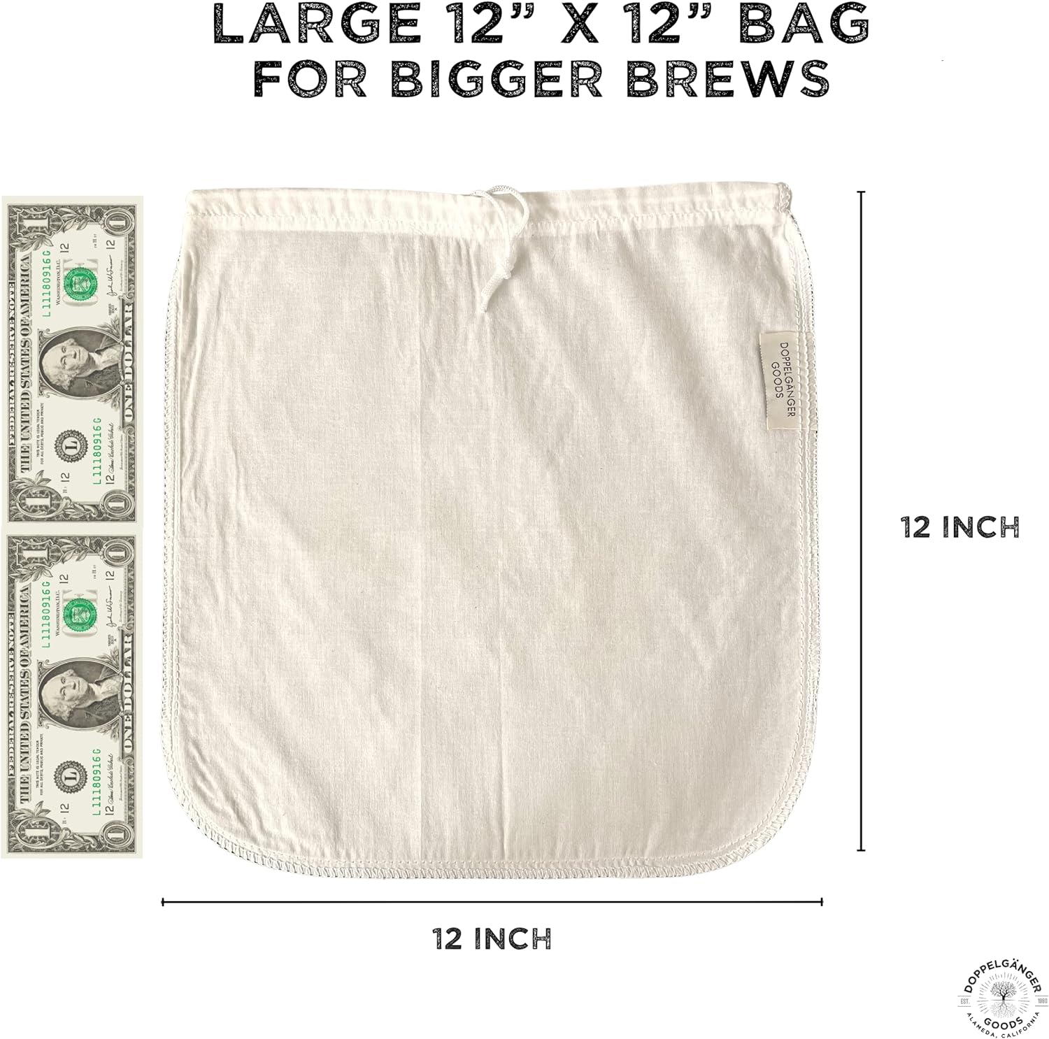 (2-Pack, Large 12in x 12in) Organic Cotton Cold Brew Coffee Bag - Designed in California - Reusable Coffee Filter with EasyOpen Drawstring Cold Brew Maker for Pitchers, Mason Jars, & Toddy Systems