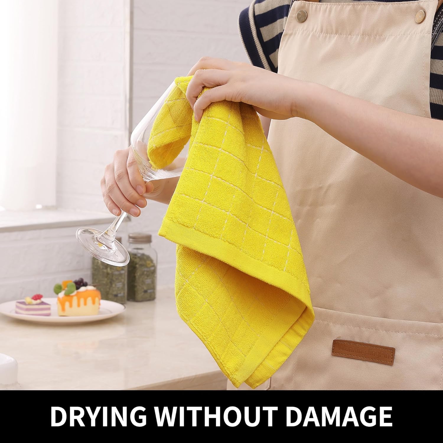 Homaxy 100% Cotton Terry Kitchen Towels(Yellow, 13 x 28 inches), Checkered Designed, Soft and Super Absorbent Dish Towels, 6 Pack