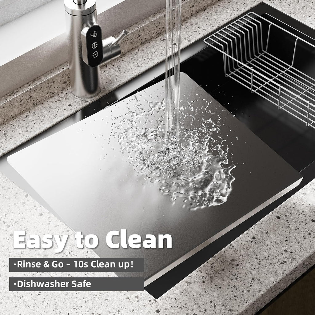 KORVOS Stainless Steel Cutting Board, 15.7" x 11.8" Double-Sided Metal Cutting Board for Kitchen, Chopping Board with Lip&Non-Slip Mat, Easy to Clean, Suitable for Meat, Fruits&Baking