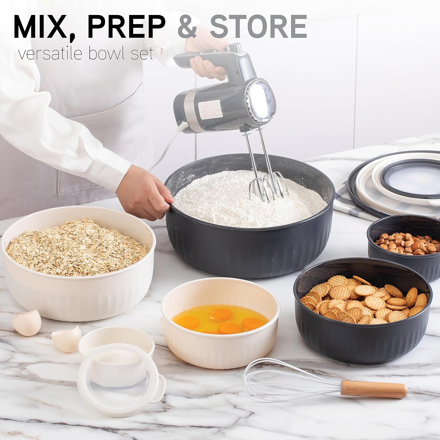 COOK WITH COLOR Prep Bowls with Lids- Wide and Deep Nesting Plastic Small Mixing Bowl Set with Lids, 12 Piece Set - Wide Bowls, Speckled Black