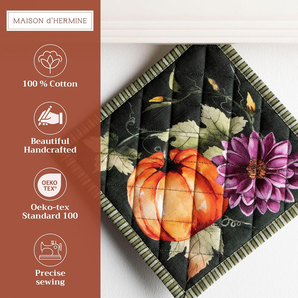 Maison d' Hermine Pot Holders Set 100% Cotton Heat Resistant Potholders 8" x 8" Hot Pads with Loop BBQ, Cooking, Baking, Grilling, Kitchen, Handling Hot Pans (Pack of 2, Pumpkin Garden - Dark Green)