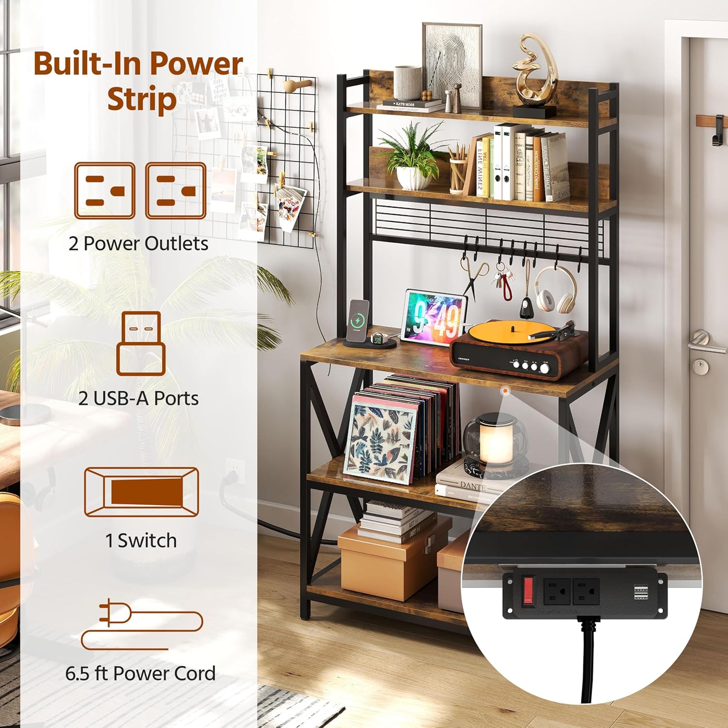 Yaheetech Kitchen Bakers Rack with Power Outlet & LED Lights, 5 Tiers Coffee Bar Table with 8 S Hooks, 64 Inches Tall Microwave Oven Stand with Storage for Spices, Pots, Rustic Brown