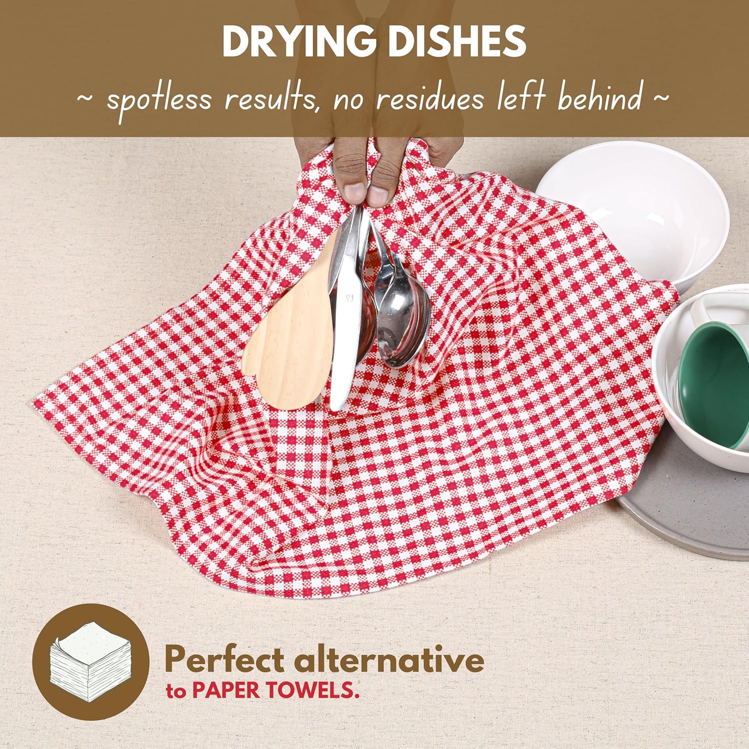 Native Fab Gingham Cotton Kitchen Towel 4 Pack 16"x26" - Absorbent Tea Linen Towels, Dish Cloths, Restaurant Cleaning Towel, Dish Towels with Hanging Loop, Red White