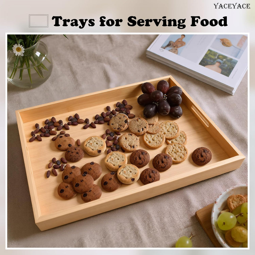 Serving Tray with Handles, 17"x12.5"x1.5" Large Bamboo Serving Tray for Ottoman, Decor Tray for Breakfast, Living Room, Drink, Coffe Table