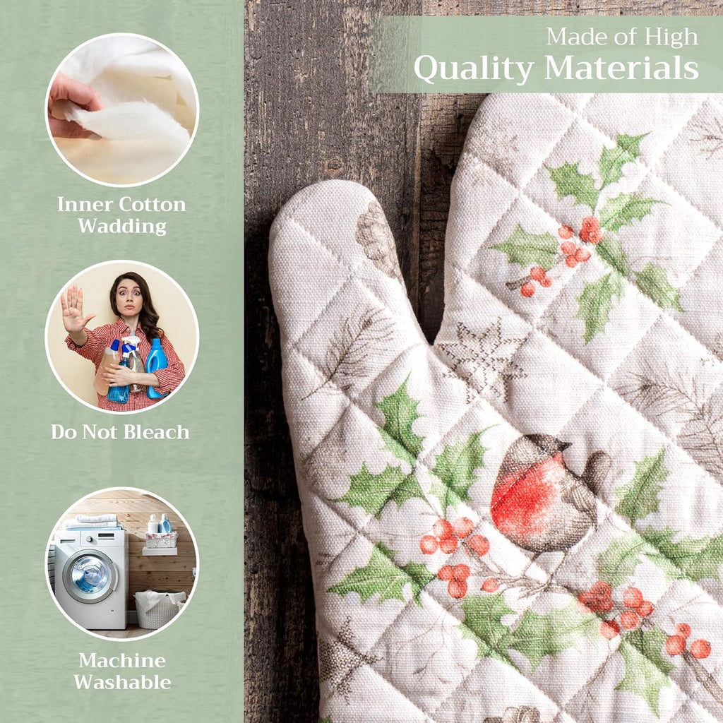 Maison d' Hermine Oven Gloves 100% Cotton Oven Mitt 7" x 13" with Loop Heat Resistant, BBQ, Cooking Gloves, Baking, Grilling, Kitchen, Handling Hot Pans (Pack of 1, Christmas Dew)