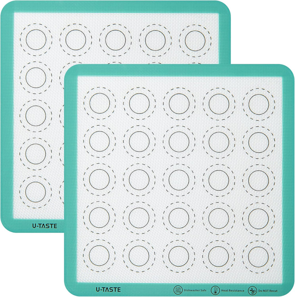 446ºF Heat Resistant Macaron Mat: U-Taste 11x11 Inch Non Stick Silicone Baking Mat, Reusable Cookies Pastry Sheet Liner with Edge Enhancement & Circle Measurement for Square Cake Pan (2 PCS, Aqua Sky)