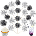 40 PCS Foil Firework Cupcake Toppers Sparkle Tinsel Cupcakae Picks Foil Firework Party Decorations Cocktail Fruit Toothpick for Fireworks Theme Birthday Wedding Graduation Party Decor Black Silver