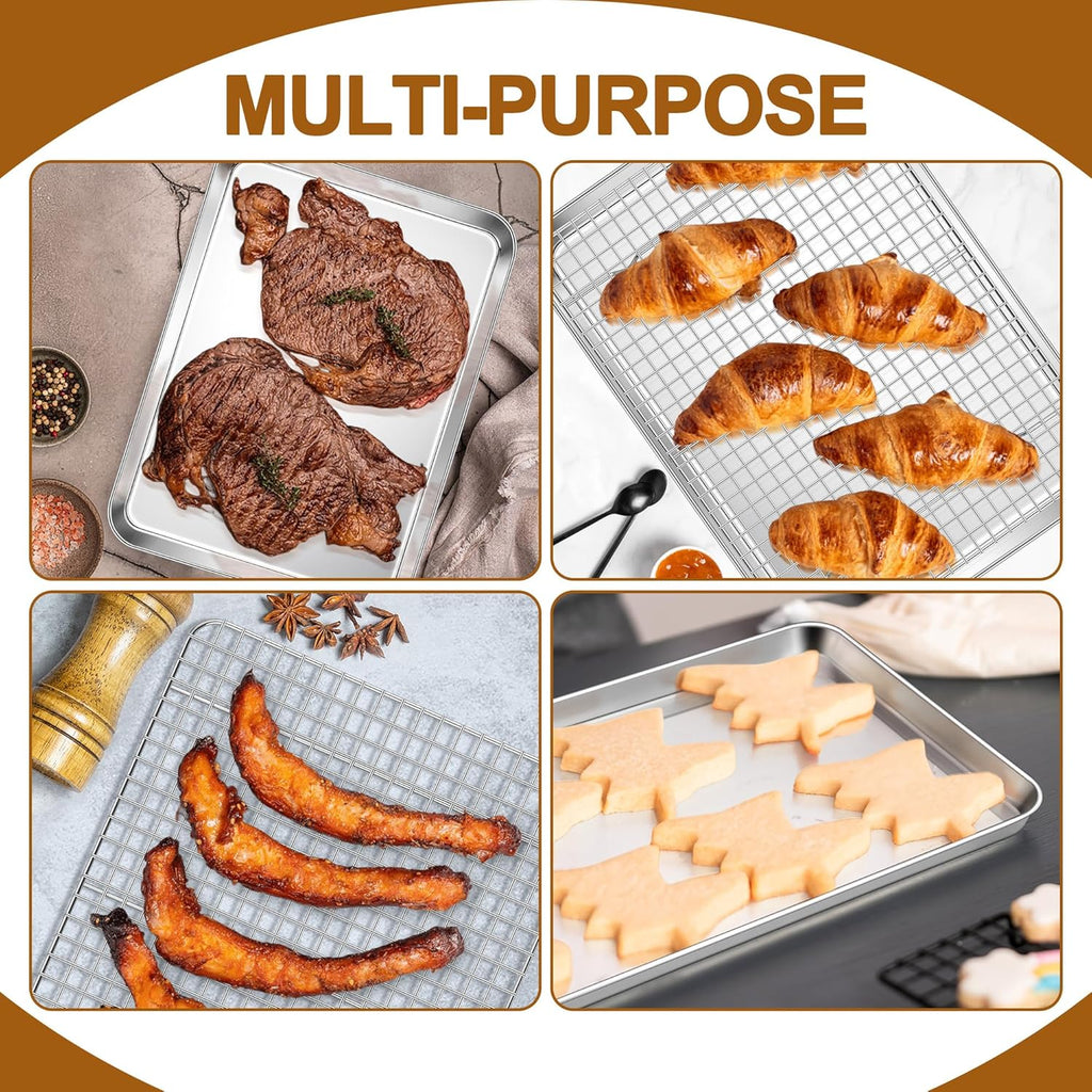 E-far Stainless Steel Baking Sheet with Wire Rack Set, 16” x 12” Cookie Sheet Baking Pan for Oven, Rimmed Large Metal Tray with Cooling Rack for Cooking Roasting, Non-Toxic & Dishwasher Safe