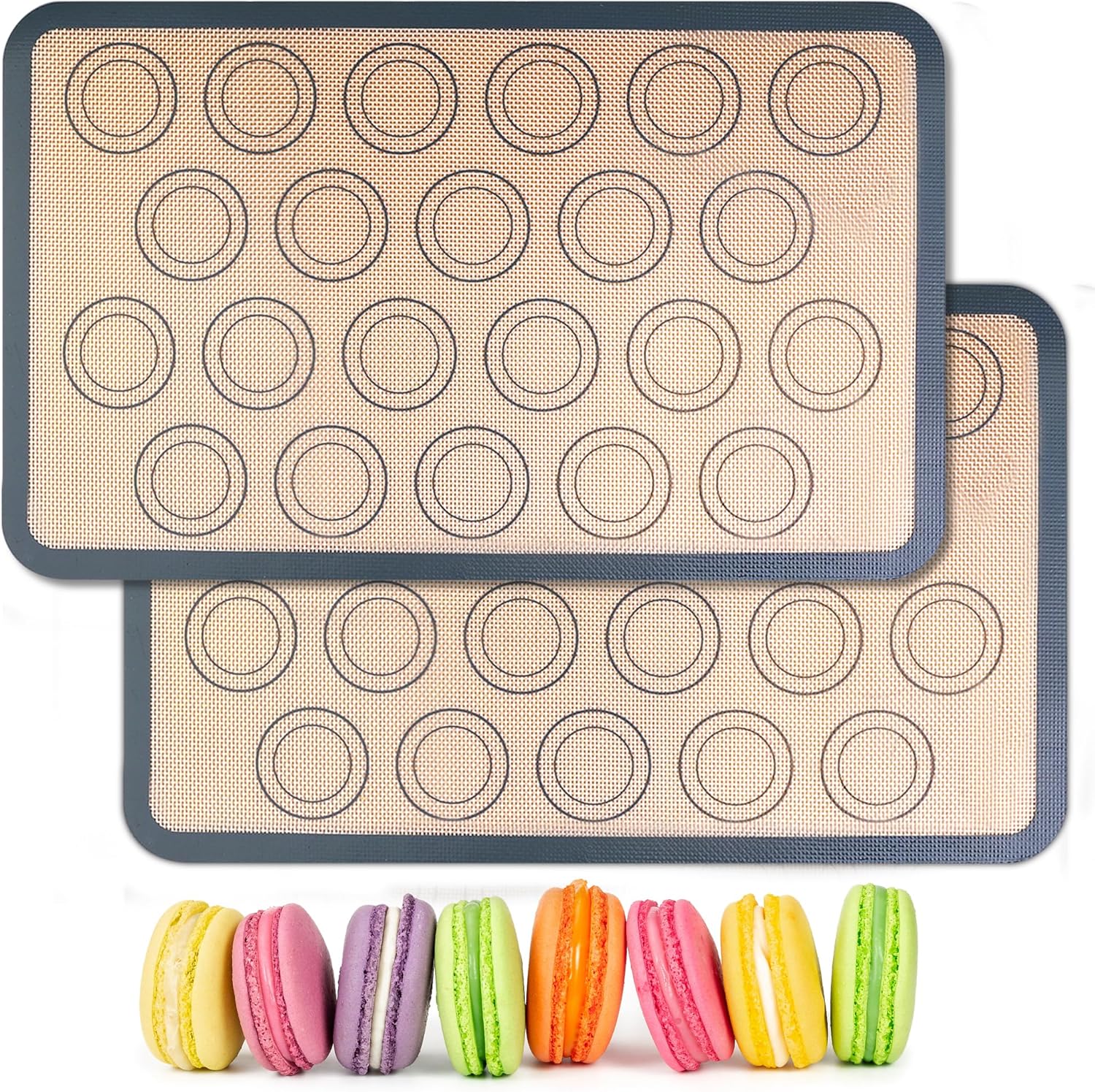 HOOMIL Macaron Silicone Baking Mats 2-Pack, 15" x 10" Jelly Roll Pan Size Macaron Silicone Mat, Non-Stick, Reusable, Food Safe Baking Mat - Brown+Gray
