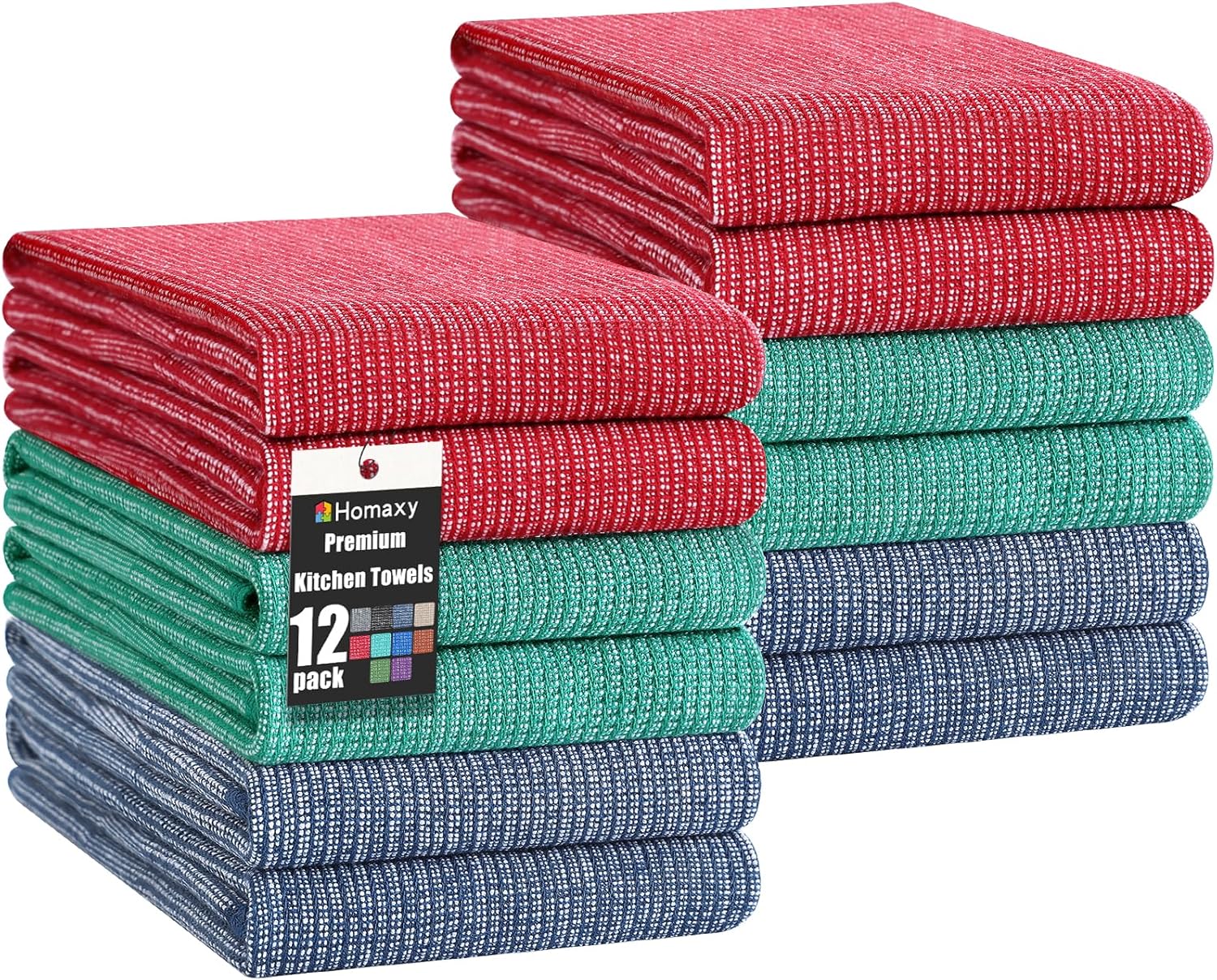 Homaxy Premium Kitchen Towels(18”x 28”, 12 Pack), Large Cotton Kitchen Hand Towels, Flat and Terry Dish Towels, 380 GSM Highly Absorbent Tea Towel Set with Hanging Loop, Navy Blue/Red/Green