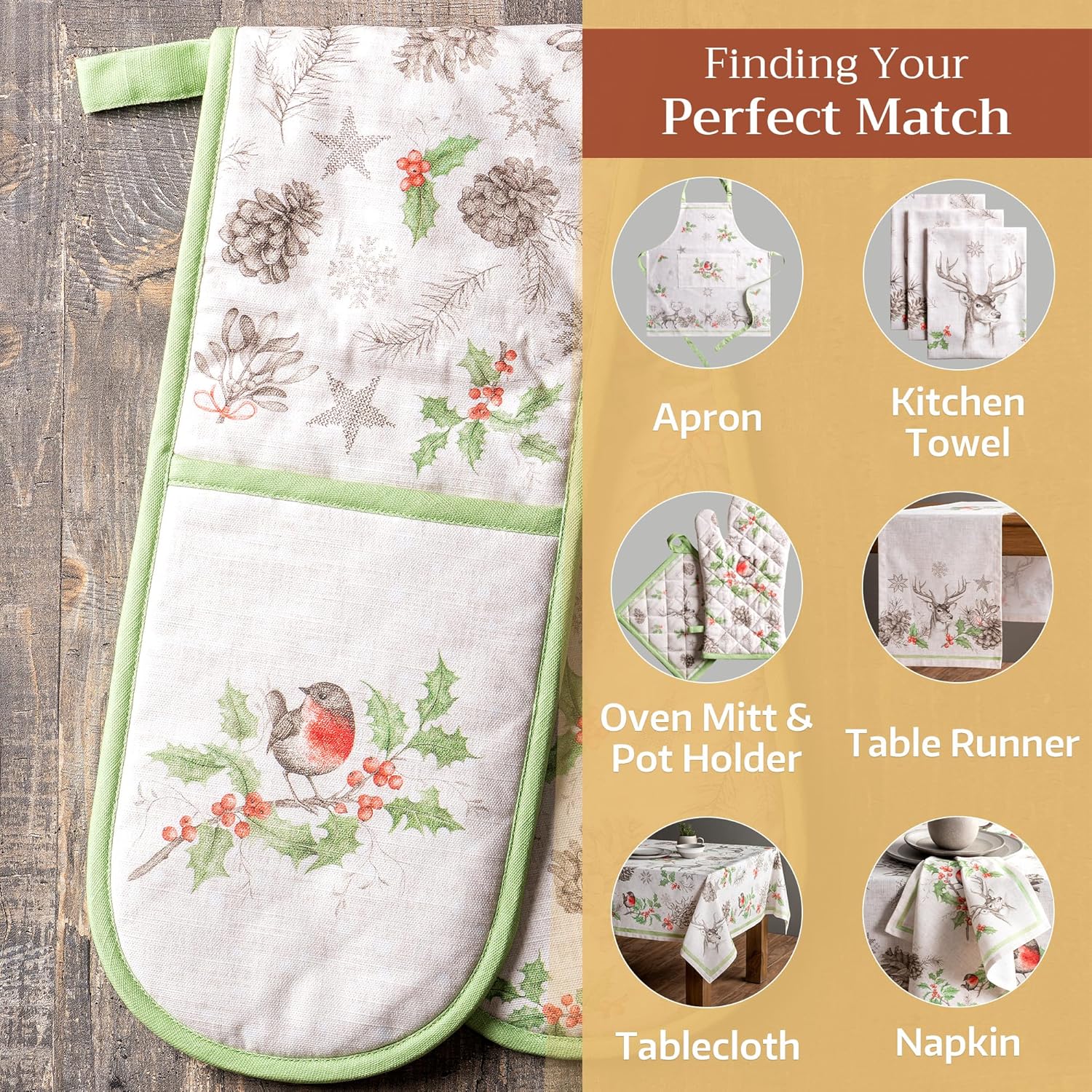 Maison d' Hermine Double Oven Mitts 100% Cotton 7"x35" Double Oven Mitt Heat Resistant BBQ Cooking Gloves with Loop, Baking, Grilling, Home, Kitchen, Handling Hot Pans (Christmas Dew)