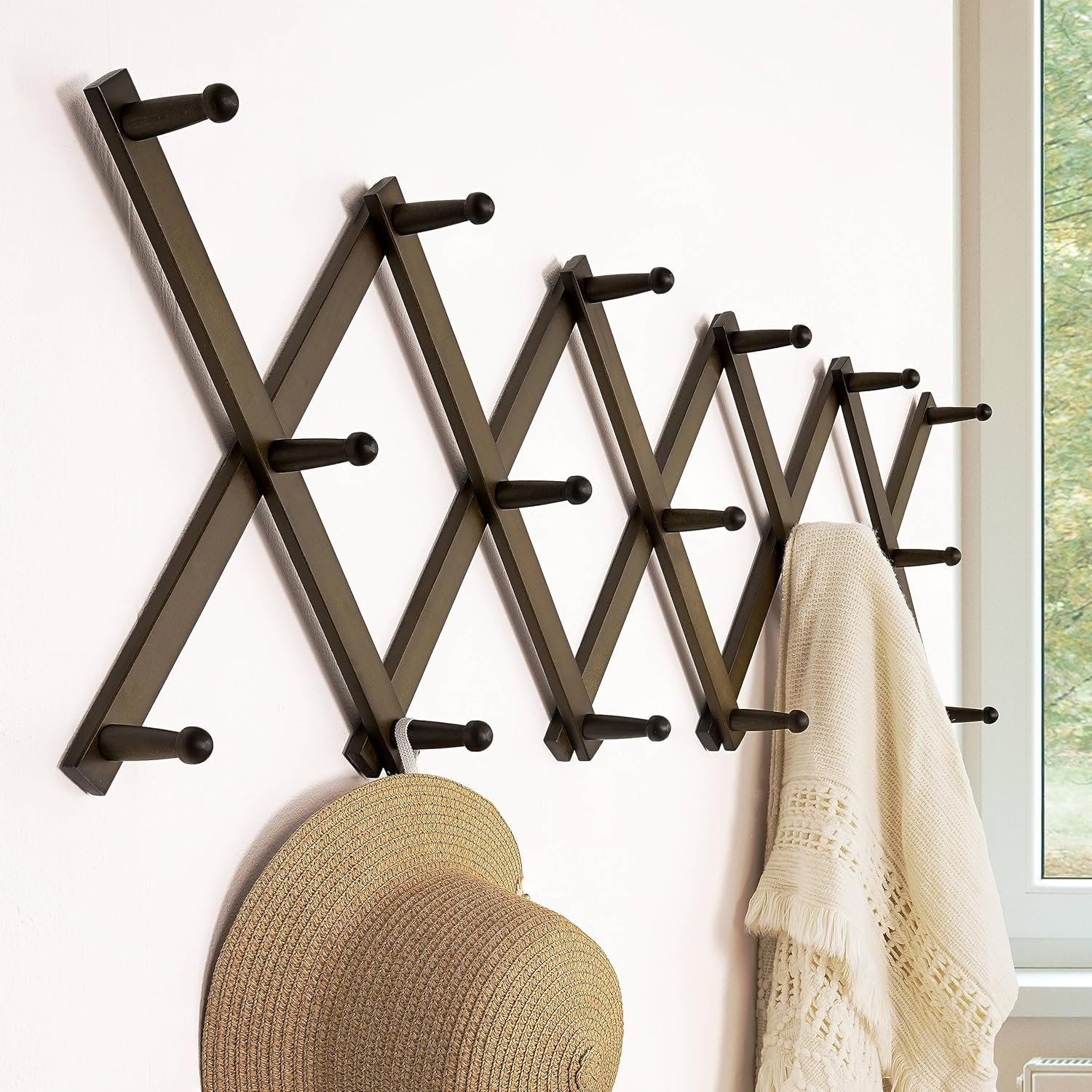 Dseap Accordion Wall Hanger: 16'' High Wooden Wall Expandable Coat Rack,Hat Rack Holder,Accordion Hook for Baseball Caps,Coats,17 Peg Hooks,Dark Walnut