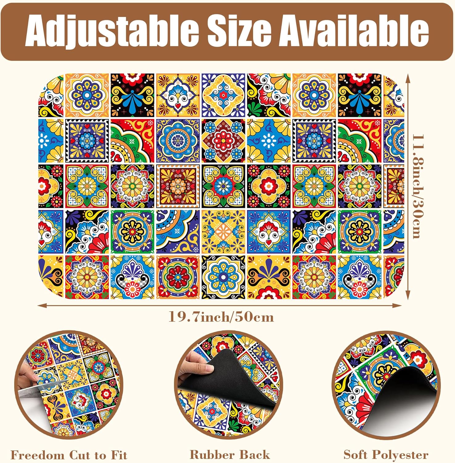 Talavera Mexican Tiles Dish Drying Mat for Kitchen Counter Bar Mat Hide Stain Absorbent Rubber Backed Coffee Mat Maker Espresso Machine Bar Accessories 11.8 x 19.7 Inch