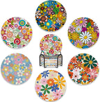 6 Pcs Coasters for Drinks with Holder,Retro Colorful Daisy Flowers 70s Hippie Floral Absorbent Coaster with Cork Backing,Great Gift for Housewarming,Room Decor,Bar,Holiday Party