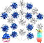 40 PCS Foil Firework Cupcake Toppers Sparkle Tinsel Cupcake Picks Fireworks Birthday Party Decorations Cocktail Fruit Toothpick for Birthday Wedding Graduation Party Decorations Supplies Silver Blue