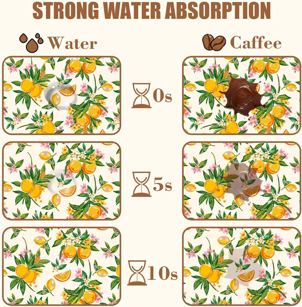 Dish Drying Mat Orange Fruit Floral Coffee Bar Mat for Countertop Hide Stain Rubber Backed Dish Drainer Rack Pad Coffee Maker Espresso Machine Dining Room Decoration 15.7 x 23.6 Inch
