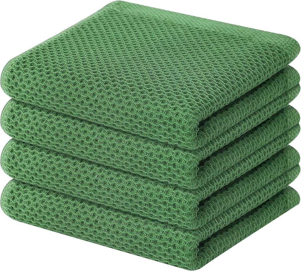 Homaxy 100% Cotton Waffle Weave Kitchen Dish Towels, Ultra Soft Absorbent Quick Drying Cleaning Towel, 13 x 28 Inches, 4-Pack, Grass Green