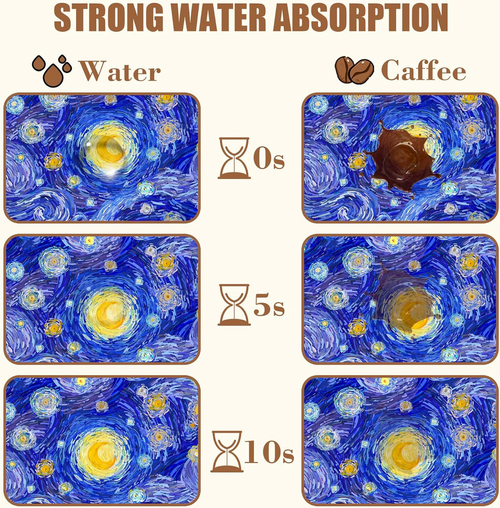 Starry Night Coffee Mat Absorbent Dish Drying Mat for Kitchen Counter Hide Stain Rubber Backed Coffee Bar Accessories Fit Under Espresso Machine Dish Rack, 15.7 x 23.6 Inch