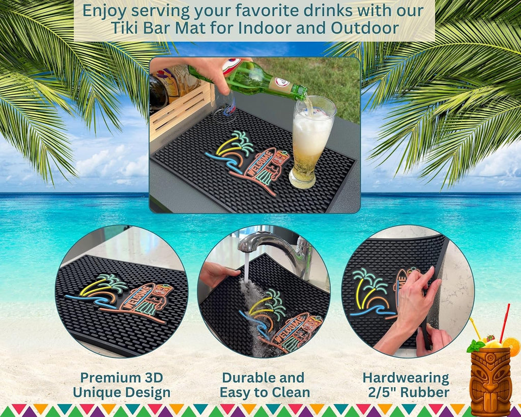 Tiki Bar Mats for Countertop 18 x 12 Tiki Bar Decor Mat Unique Tiki Man Warrior Design with Surfboard Welcome Greeting Tiki Decor, Outdoor Tiki Bar Sign and Luau Party Decorations