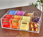 Acrylic Tea Bag Organizer - Clear Tea Storage Box, K Cup Coffee Pods Holder with 8 Compartments, Tea Station Organizer for Countertop, Modern Tea Display Stand