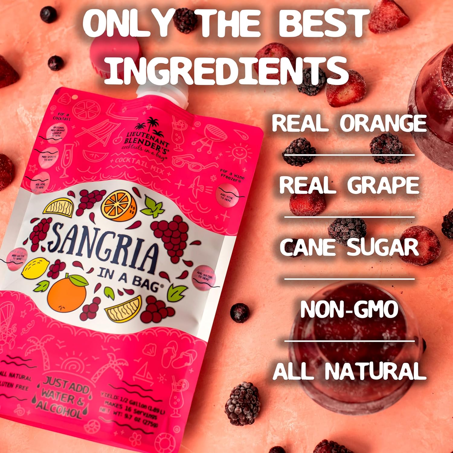 Lt. Blender's Sangria in a Bag – Wine Slushie Mixes - Each Bag Makes 1/2 Gallon of Frozen Red Sangria Mix – Non-GMO Wine Freezer Mix - Make with Wine, Liquor or as a Mocktail - (Pack of 4)