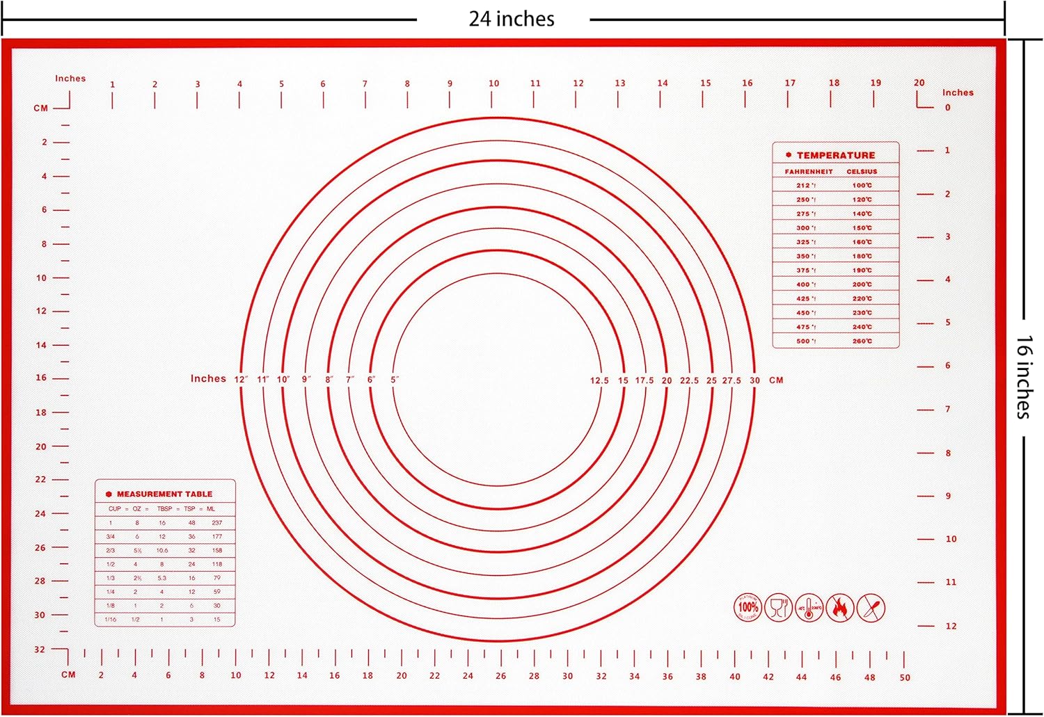 Yansumi Silicone Pastry Mat Extra Large Non-Slip Mat for Rolling Dough Pie Crust and Baking Non-Stick with Measurements (24x16, Red)