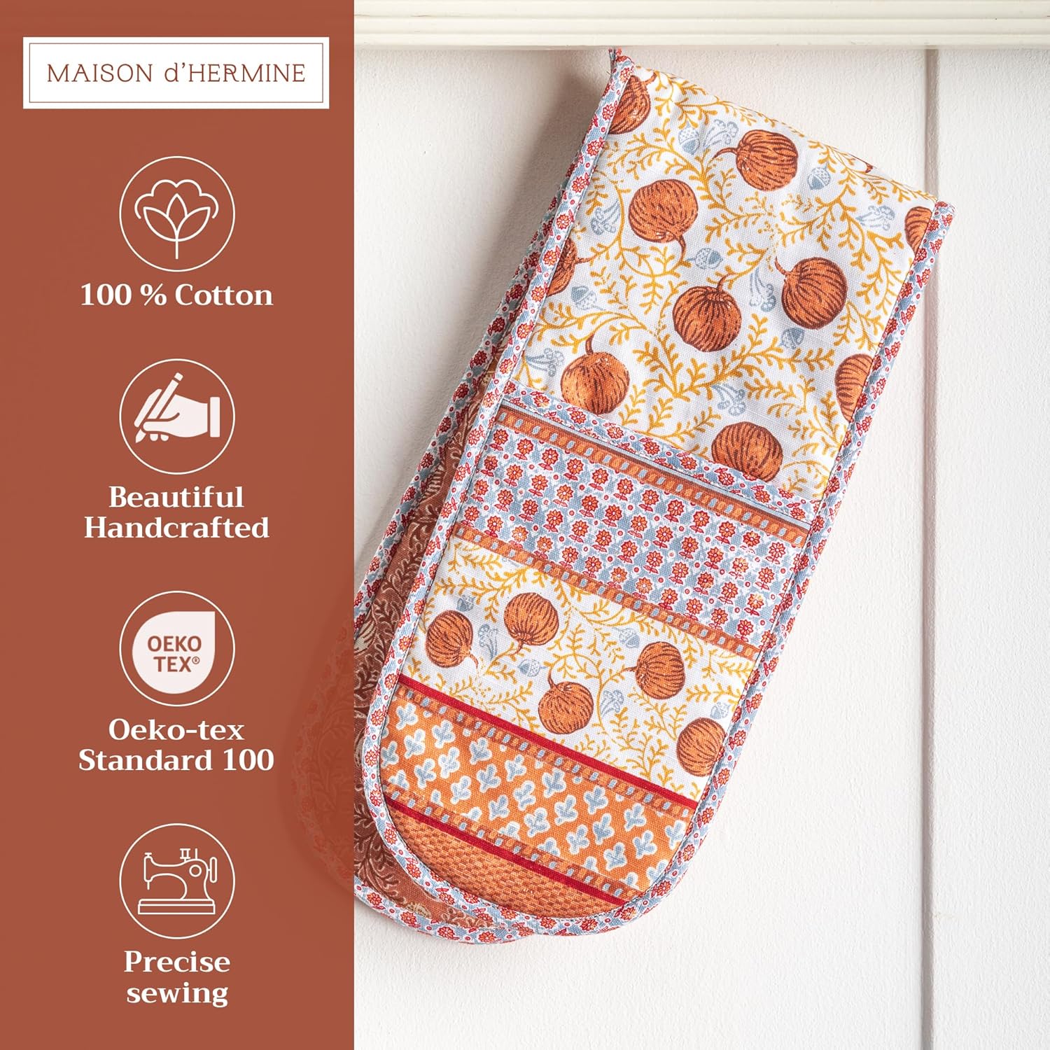 Maison d' Hermine Double Oven Mitts 100% Cotton 7"x35" Double Oven Mitt Heat Resistant BBQ Cooking Gloves with Loop, Baking, Grilling, Home, Kitchen, Handling Hot Pans (Harvest Festival)