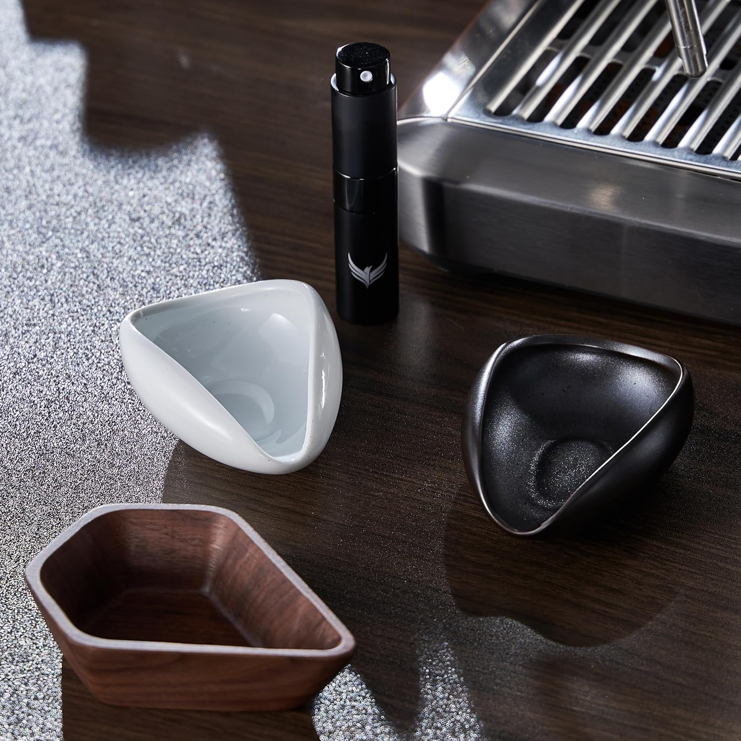 Walnut Coffee Bean Dosing Cup and RDT Coffee Spritzer Gift Set Coffee Bar Accessories Wooden Dosing Vessel Single Dose Coffee Measuring Tray Kit