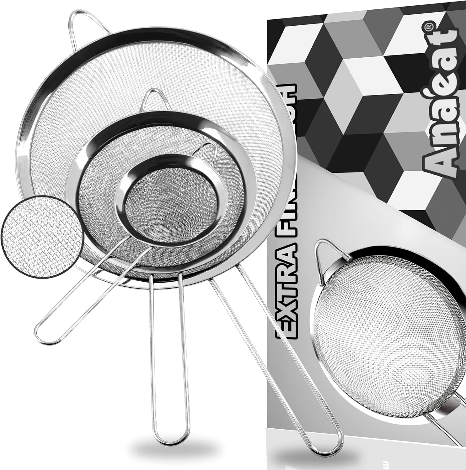Anaeat Fine Mesh Strainers - Premium Stainless Steel Colander Sieve Sifters, with Durable Mesh and Sturdy Handle, Excellent for Sifting Dry ingredients, Flour, Pastas, Rice, Tea (2.8"+4.73"+7.09")